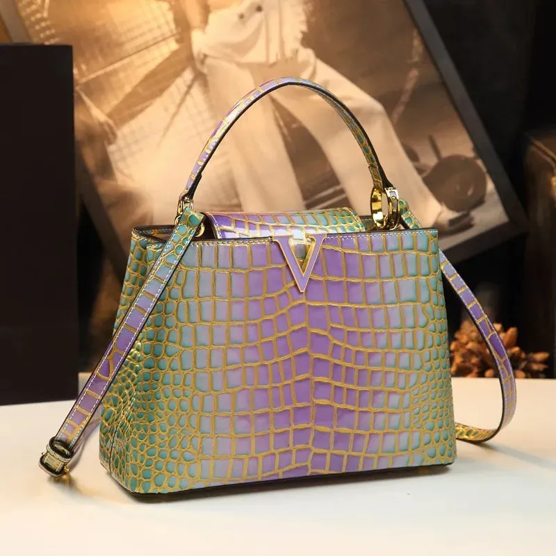 Lux Leather Gradient Croc Pattern Handbag