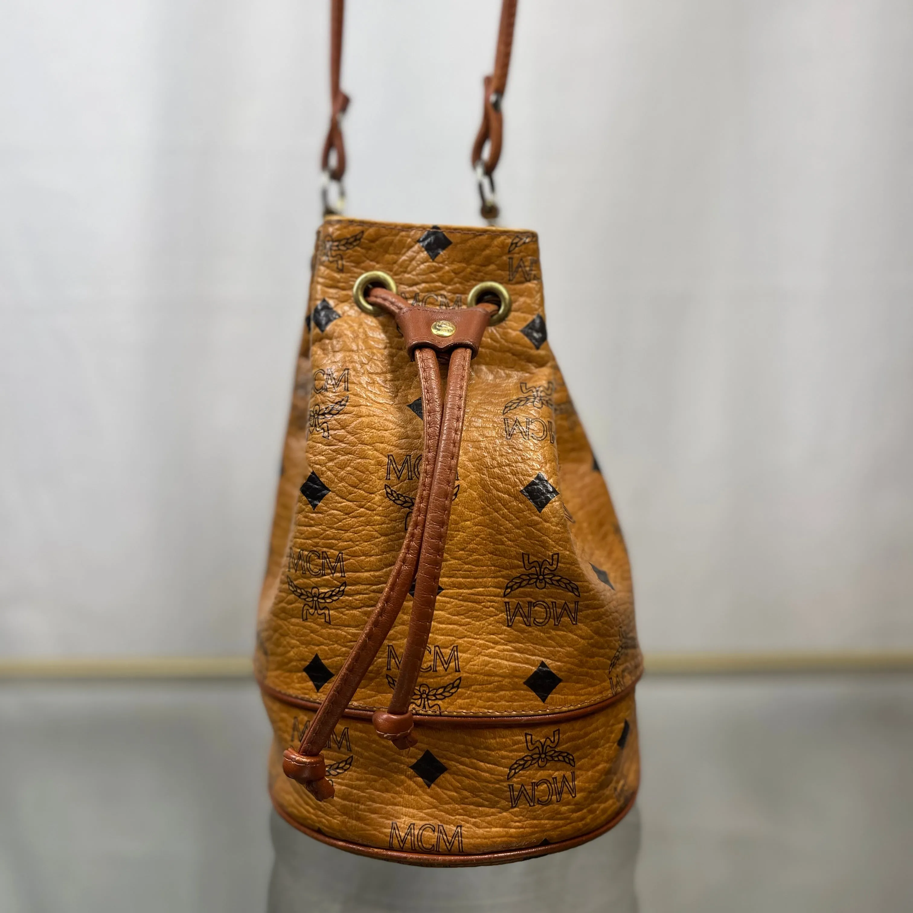 MCM Cognac Visetos Coated Canvas Drawstring Bucket Bag