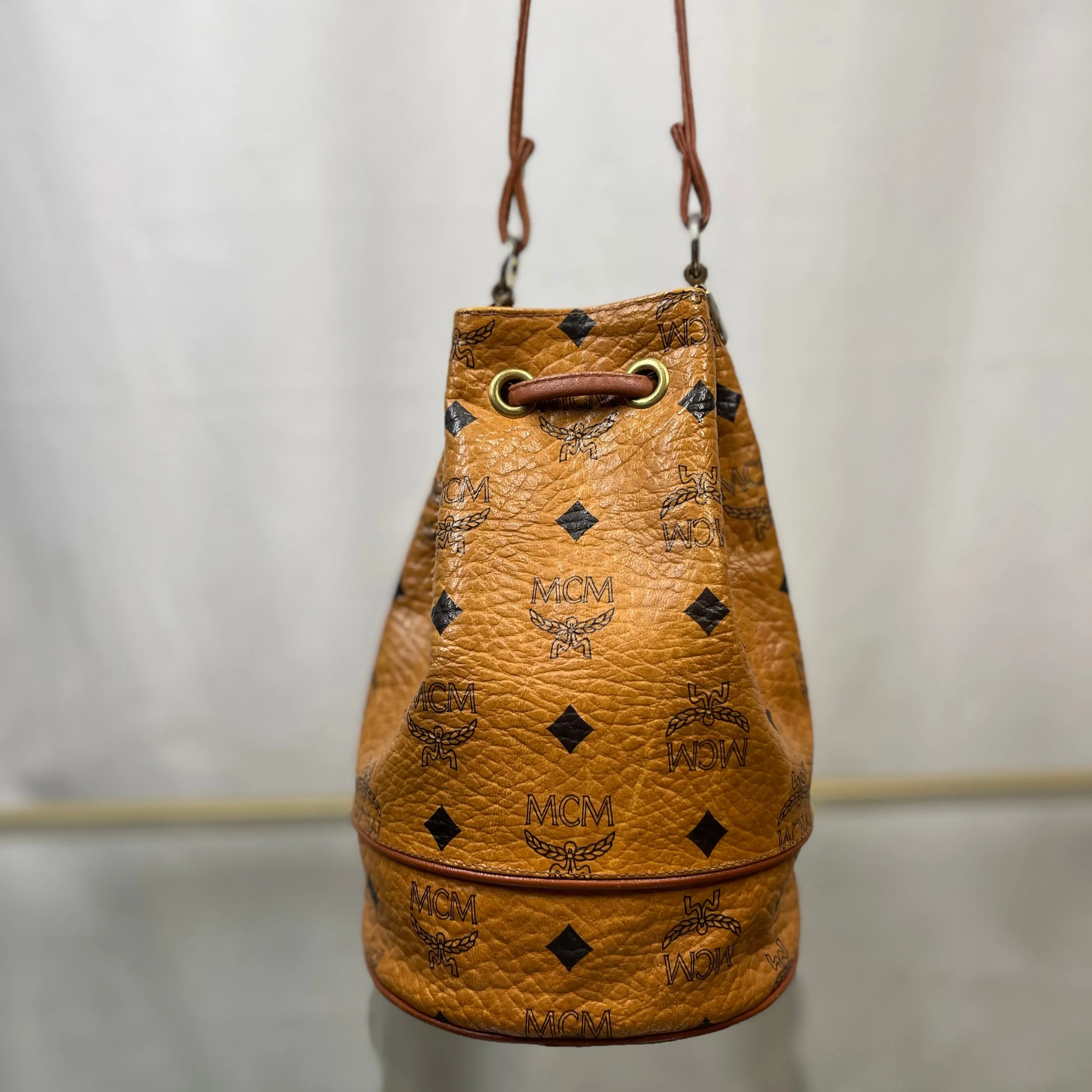 MCM Cognac Visetos Coated Canvas Drawstring Bucket Bag