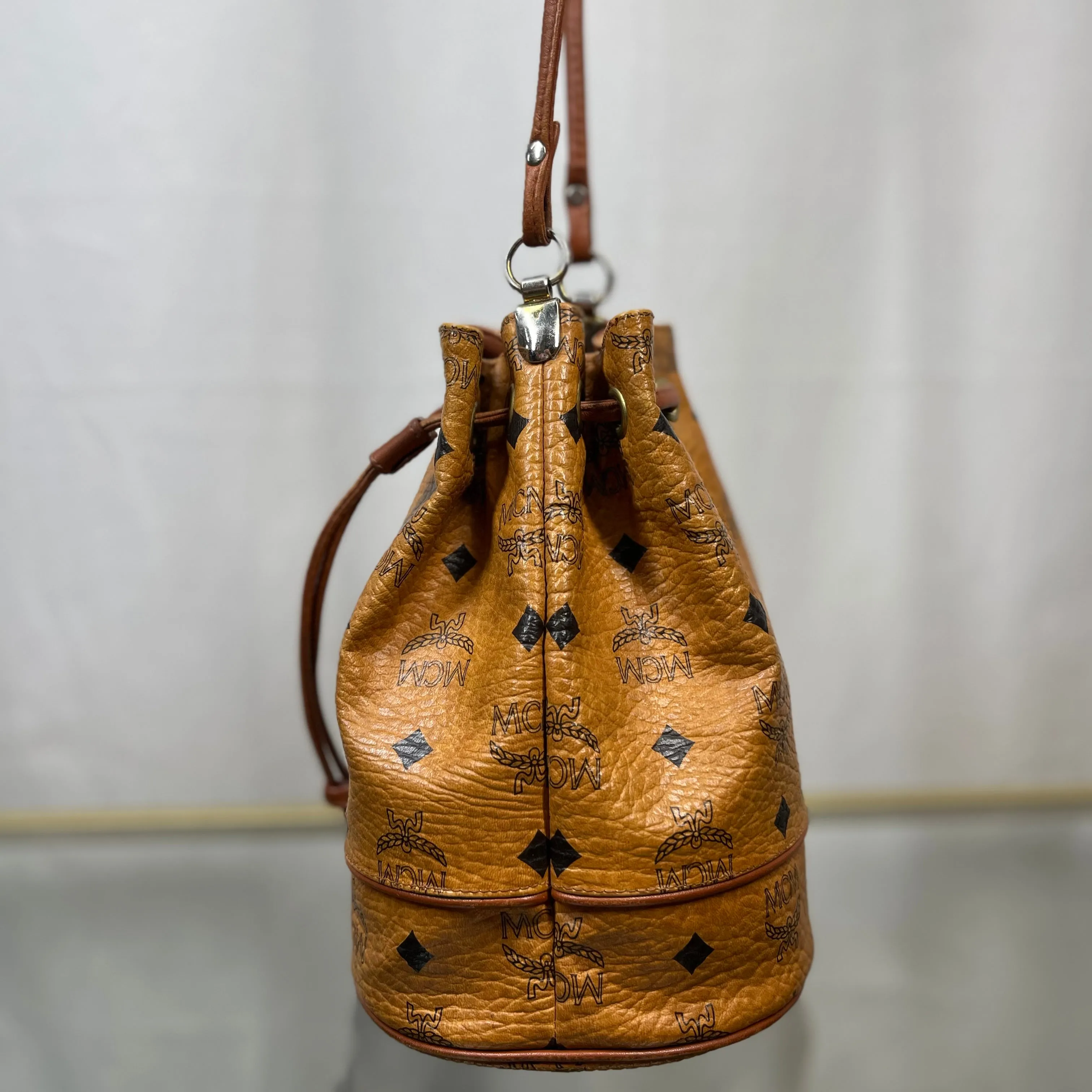 MCM Cognac Visetos Coated Canvas Drawstring Bucket Bag