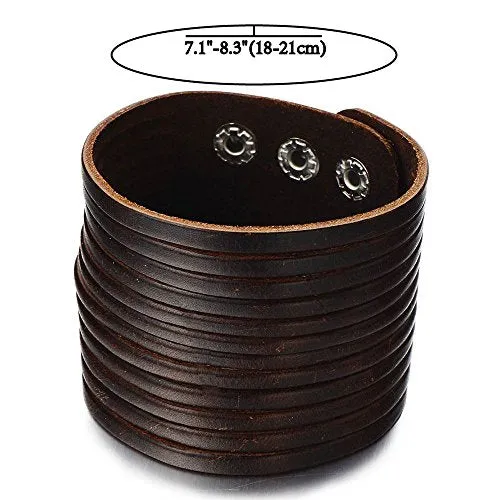 Mens Multi-Strand Wide Leather Bracelet Genuine Leather Wristband with Snap Button