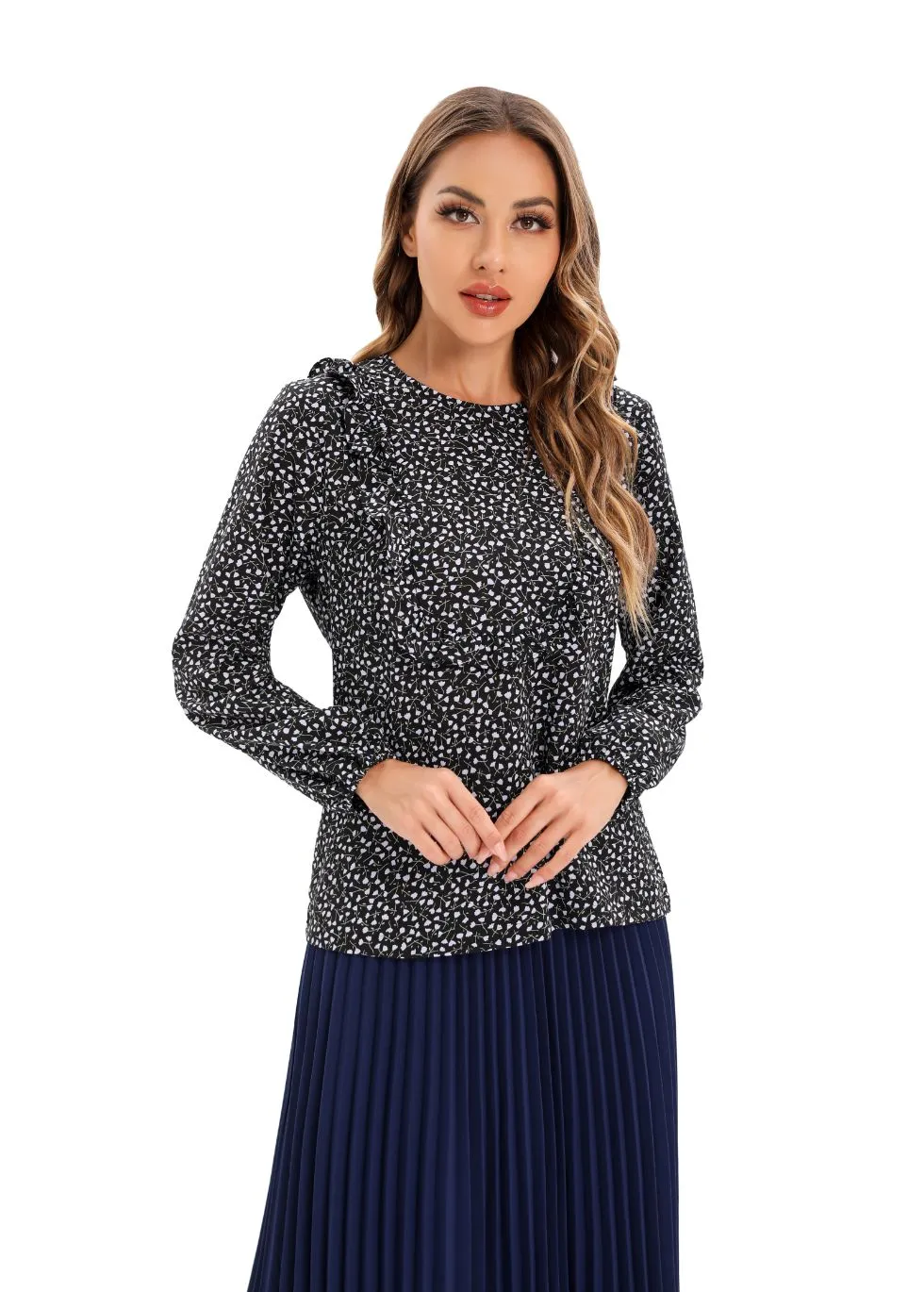 Micro Print Blouse with Long Sleeves and Bib Front