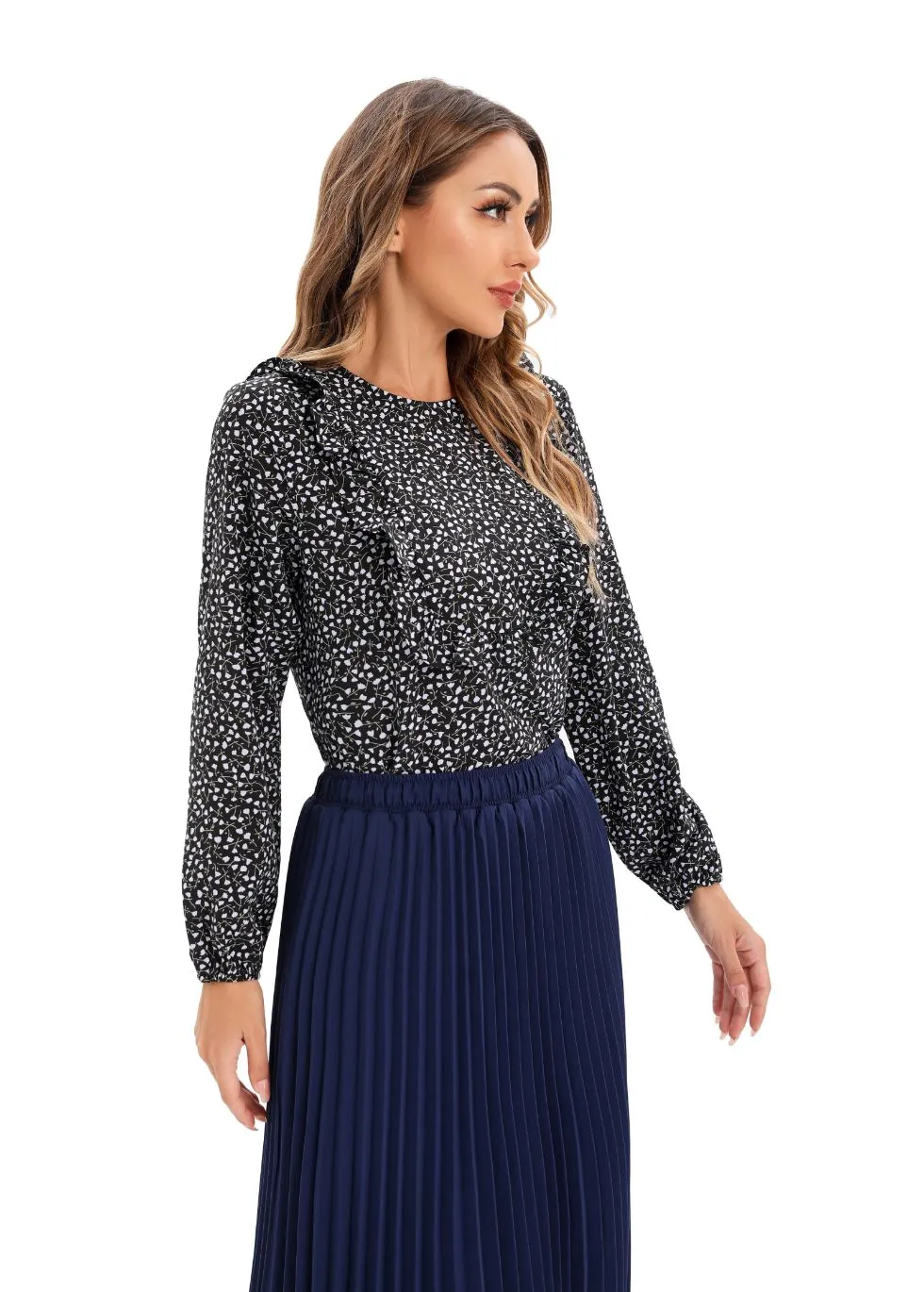 Micro Print Blouse with Long Sleeves and Bib Front