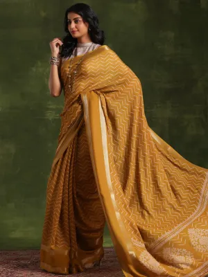 Mustard Printed Silk Blend Saree With Unstitched Blouse Piece