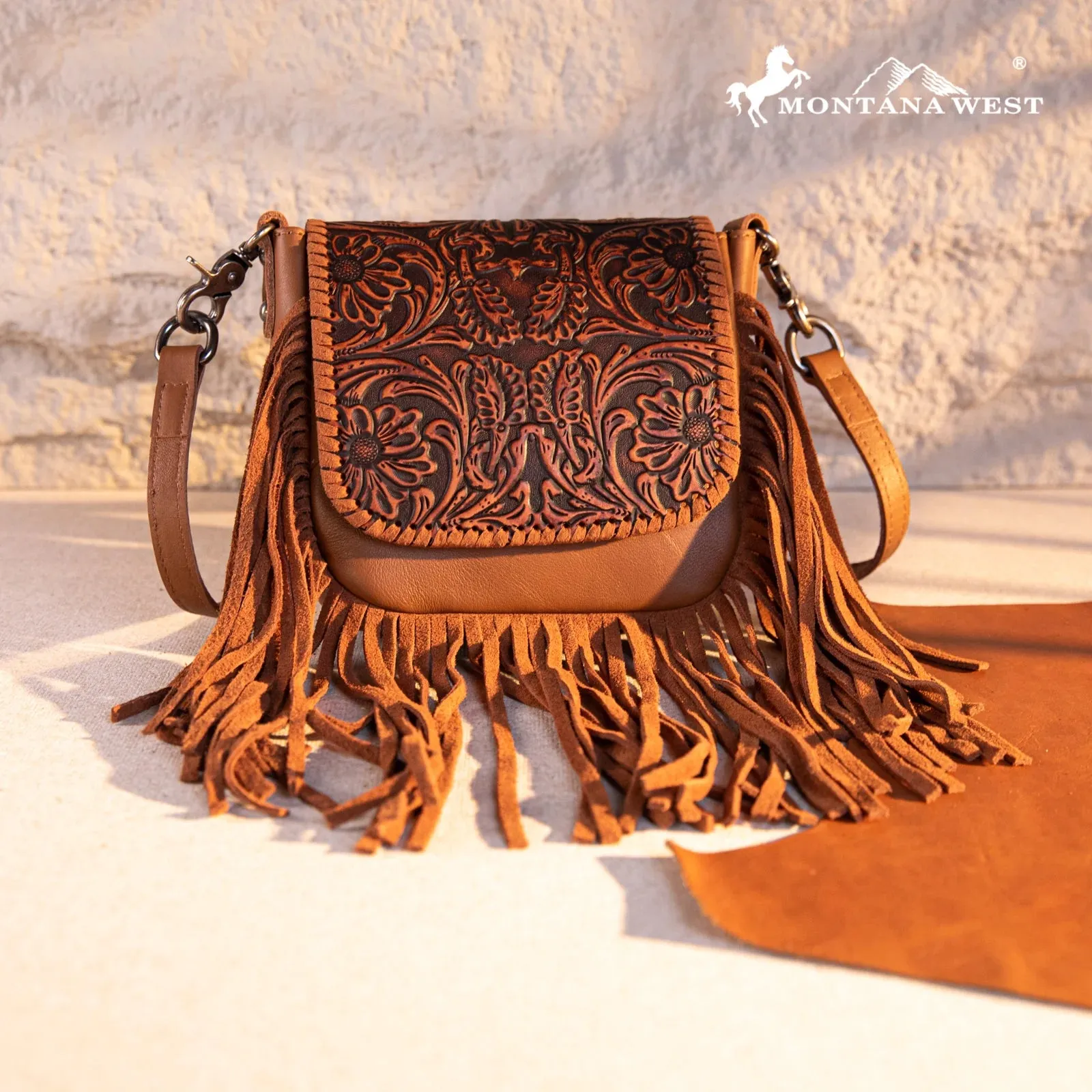 MW Genuine Leather Tooled Fringe Crossbody ~ Brown