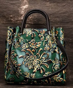 Natural Green Floral Paitings Calf Leather Satchel Handbag