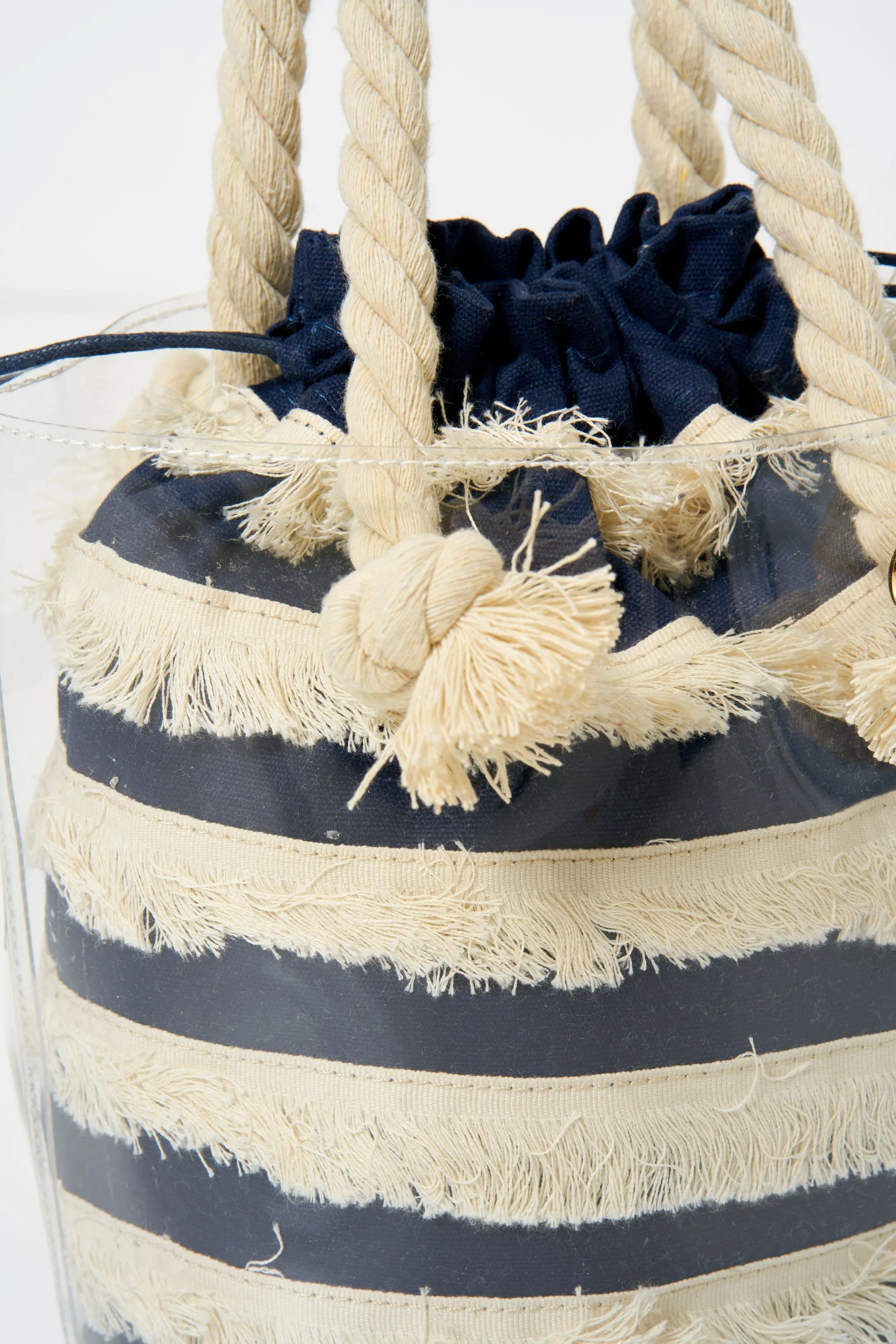 Navy Striped Fringe Bucket Handbag