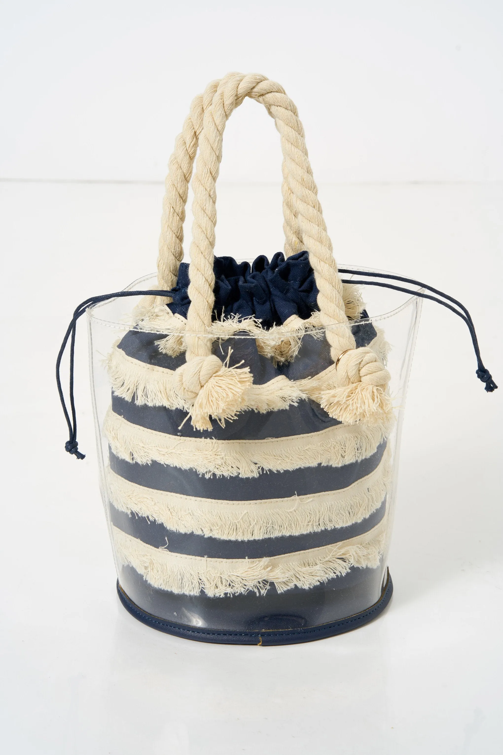 Navy Striped Fringe Bucket Handbag