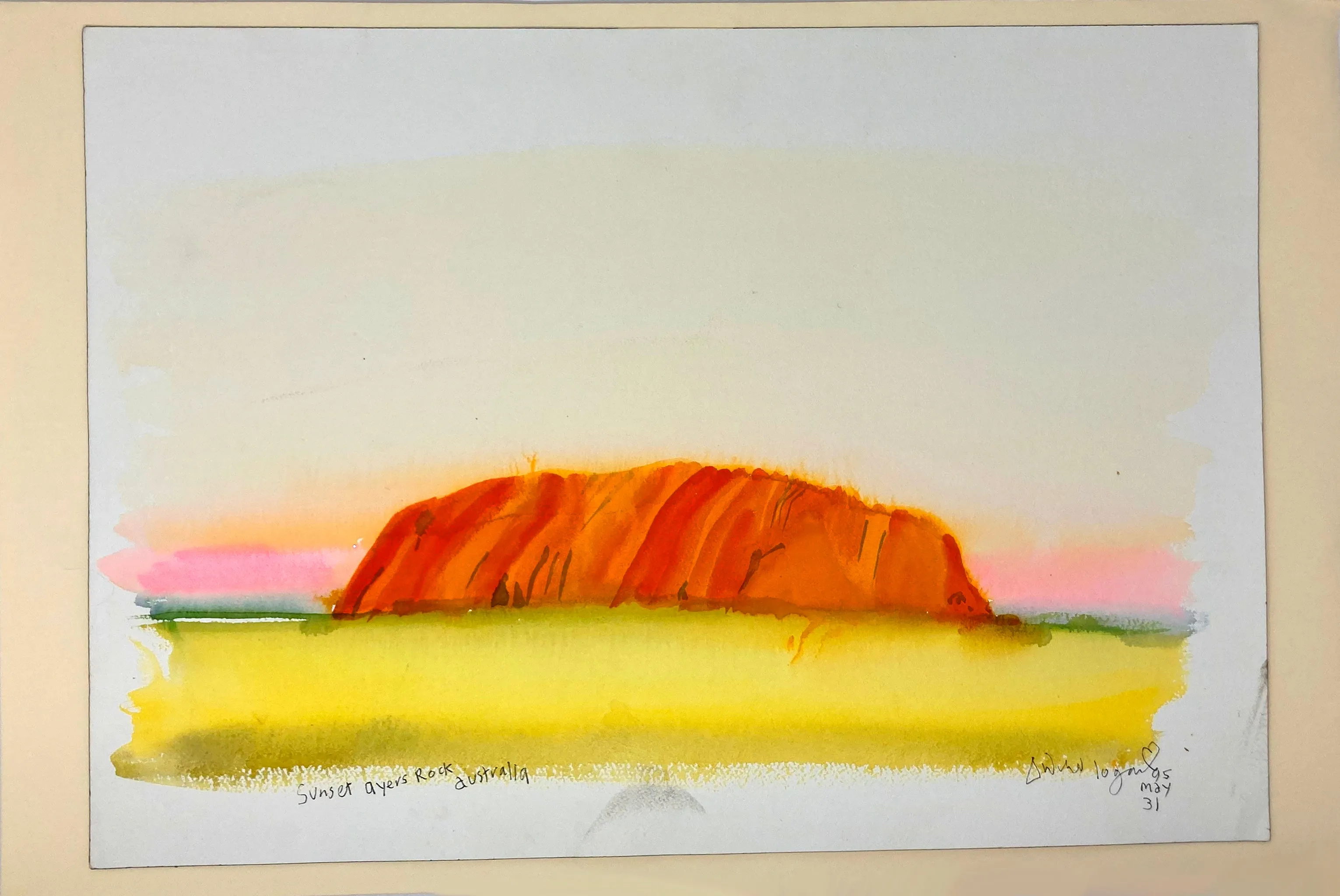 ORIGINAL WATERCOLOUR OF SUNSET AT AYERS ROCK, AUSTRALIA - ANDREW LOGAN 1995