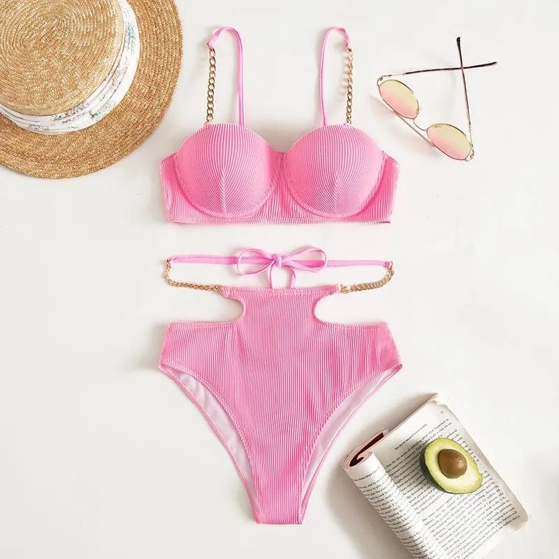 Padded metal chain button self tie solid bikini swimwear