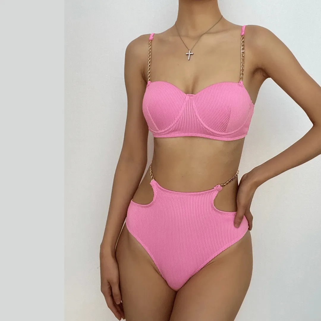 Padded metal chain button self tie solid bikini swimwear