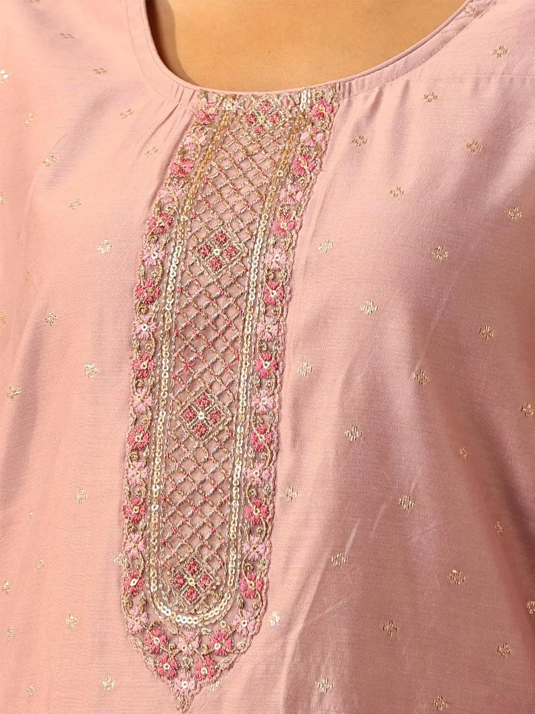 Pink Self Design Chanderi Silk Straight Kurta