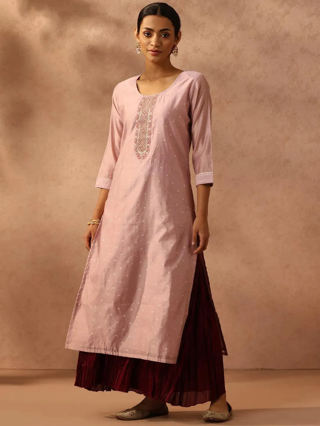 Pink Self Design Chanderi Silk Straight Kurta