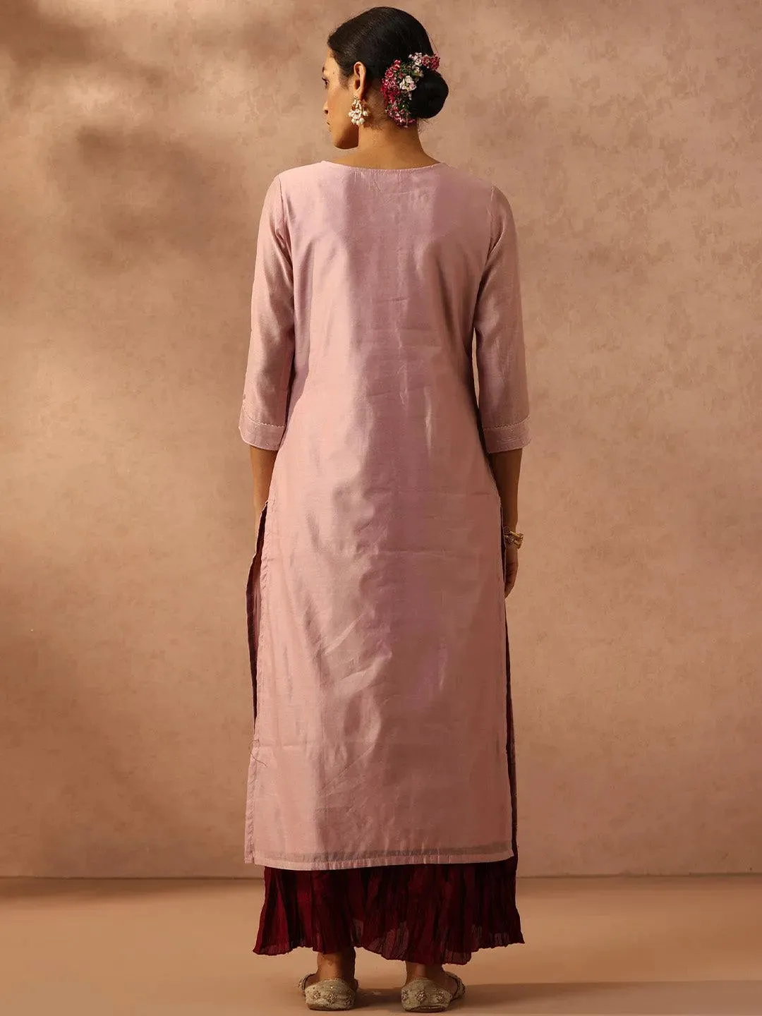 Pink Self Design Chanderi Silk Straight Kurta