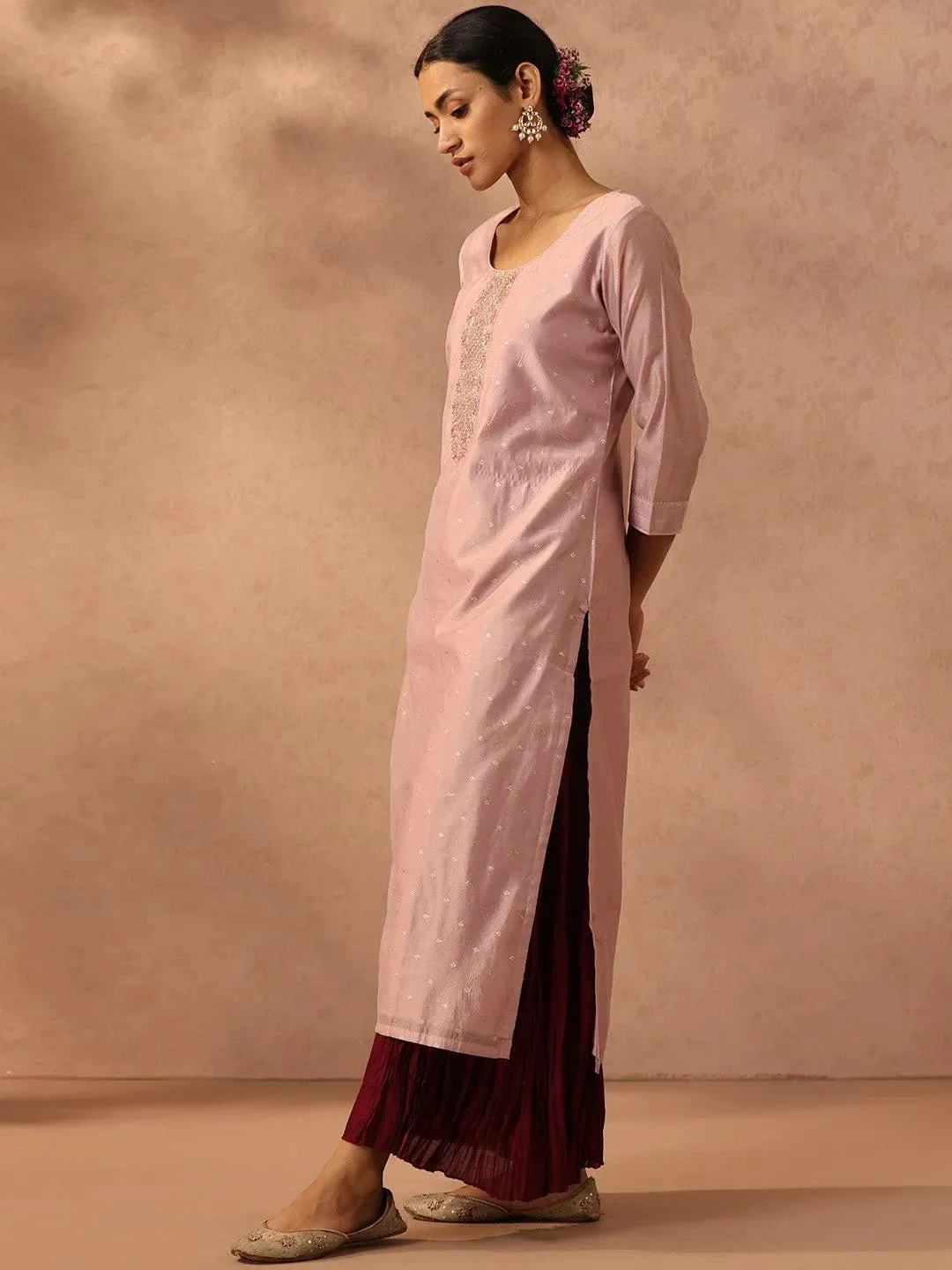 Pink Self Design Chanderi Silk Straight Kurta