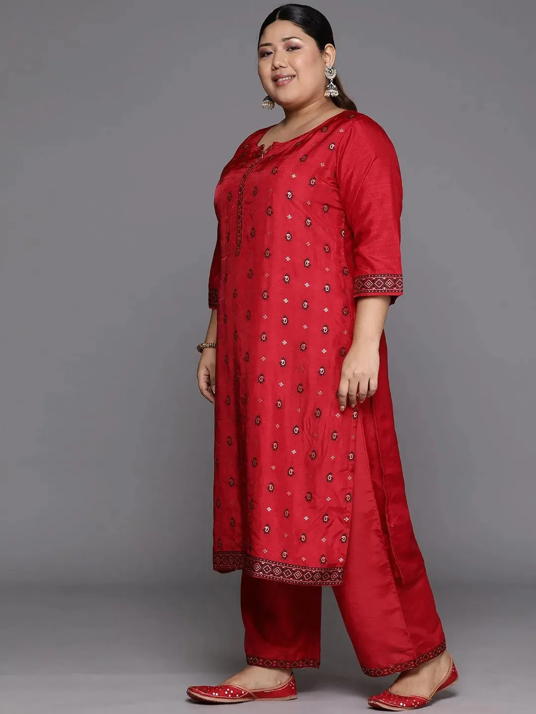 Plus Size Red Woven Design Silk Blend Straight Kurta With Trousers & Dupatta