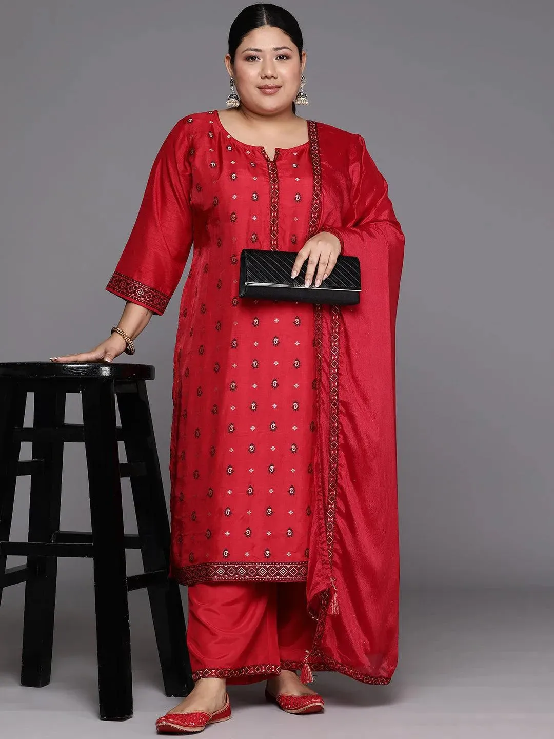 Plus Size Red Woven Design Silk Blend Straight Kurta With Trousers & Dupatta