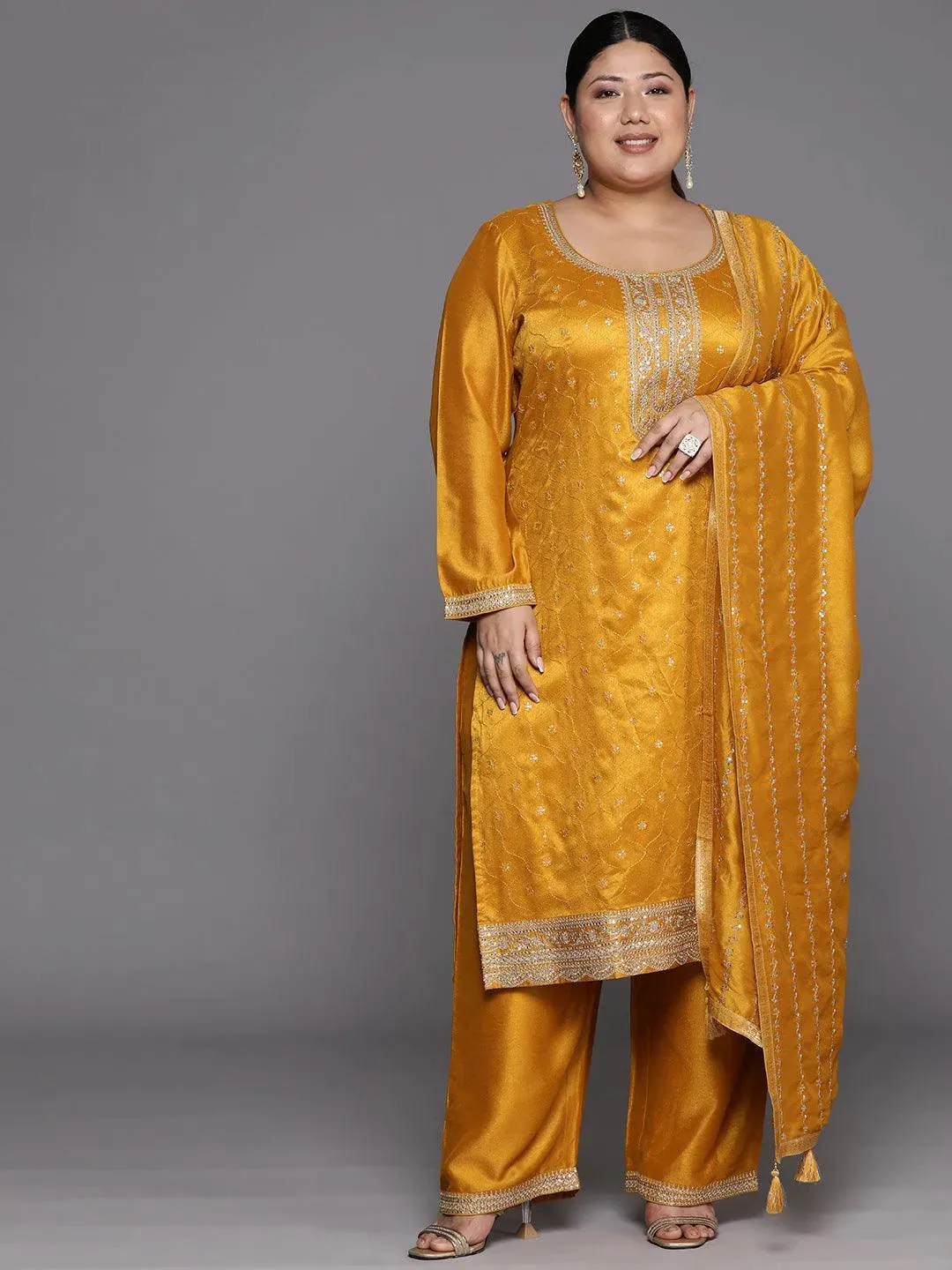 Plus Size Yellow Embroidered Silk Blend Straight Kurta With Trousers & Dupatta