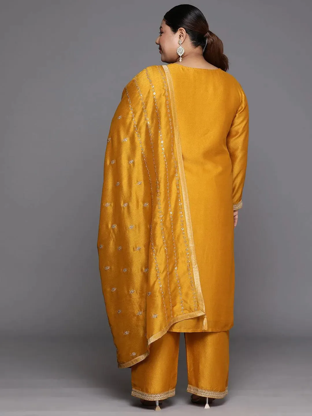 Plus Size Yellow Embroidered Silk Blend Straight Kurta With Trousers & Dupatta