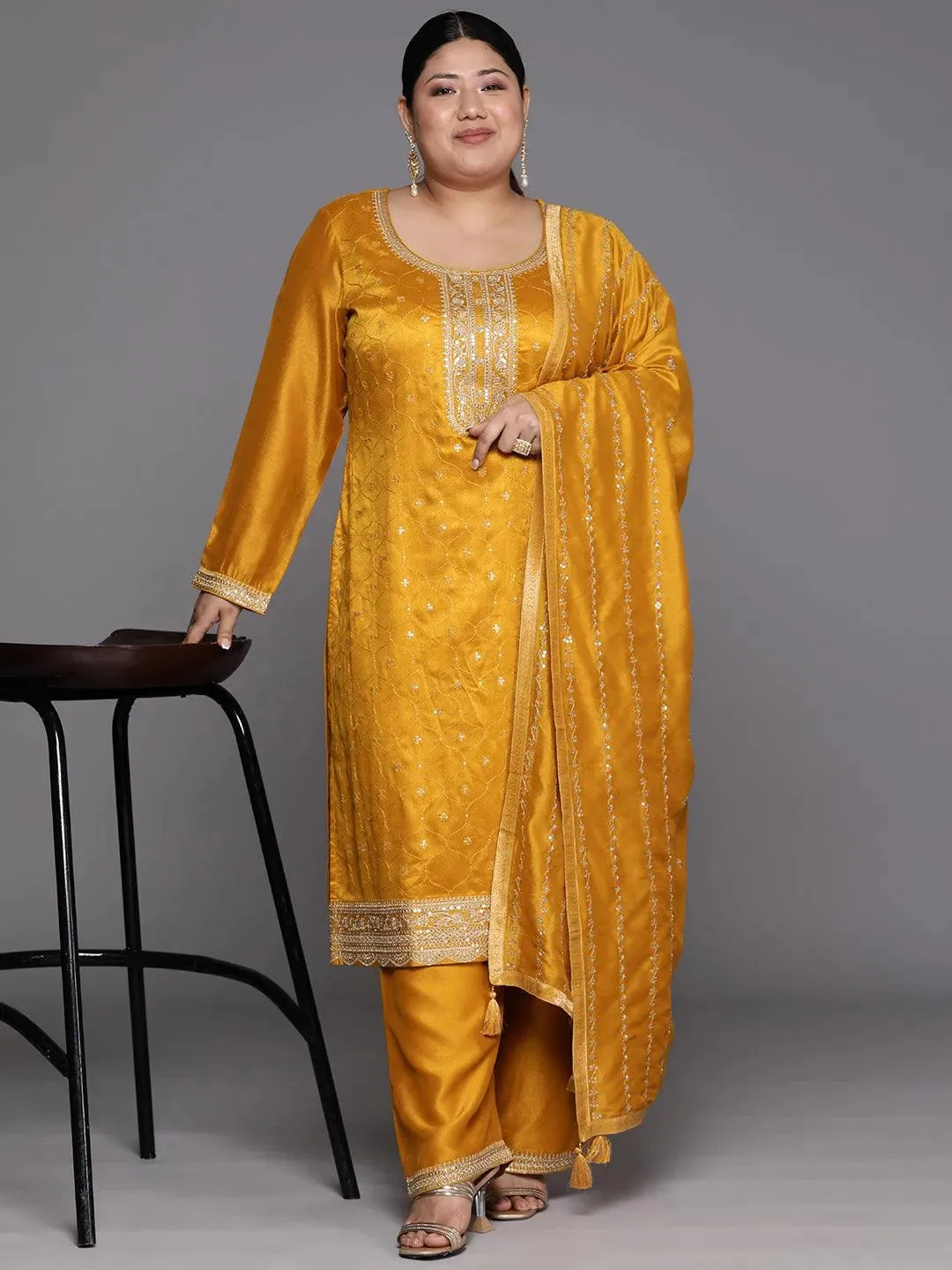 Plus Size Yellow Embroidered Silk Blend Straight Kurta With Trousers & Dupatta