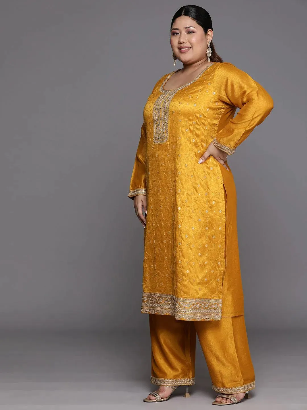 Plus Size Yellow Embroidered Silk Blend Straight Kurta With Trousers & Dupatta