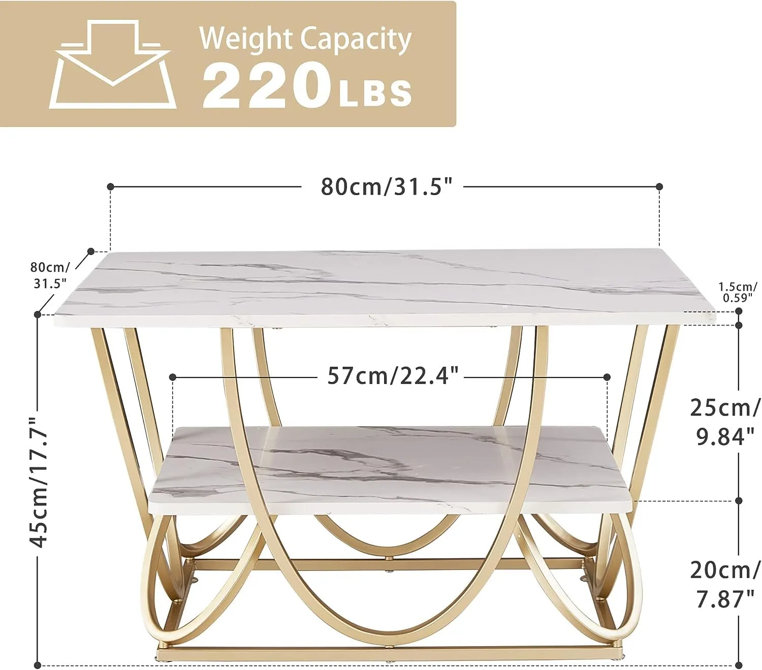 Priti Square Coffee Table, 31.5 Inch Modern Coffee Table for Living Room, White and Gold Coffee Table with Storage, Wooden Tabletop-Marble White with Gold Frame