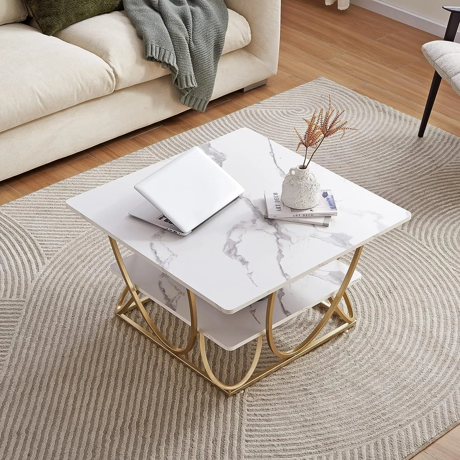 Priti Square Coffee Table, 31.5 Inch Modern Coffee Table for Living Room, White and Gold Coffee Table with Storage, Wooden Tabletop-Marble White with Gold Frame