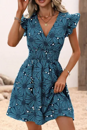 Real Teal Wrapped V Neck Floral Print Ruffle Sleeve Dress