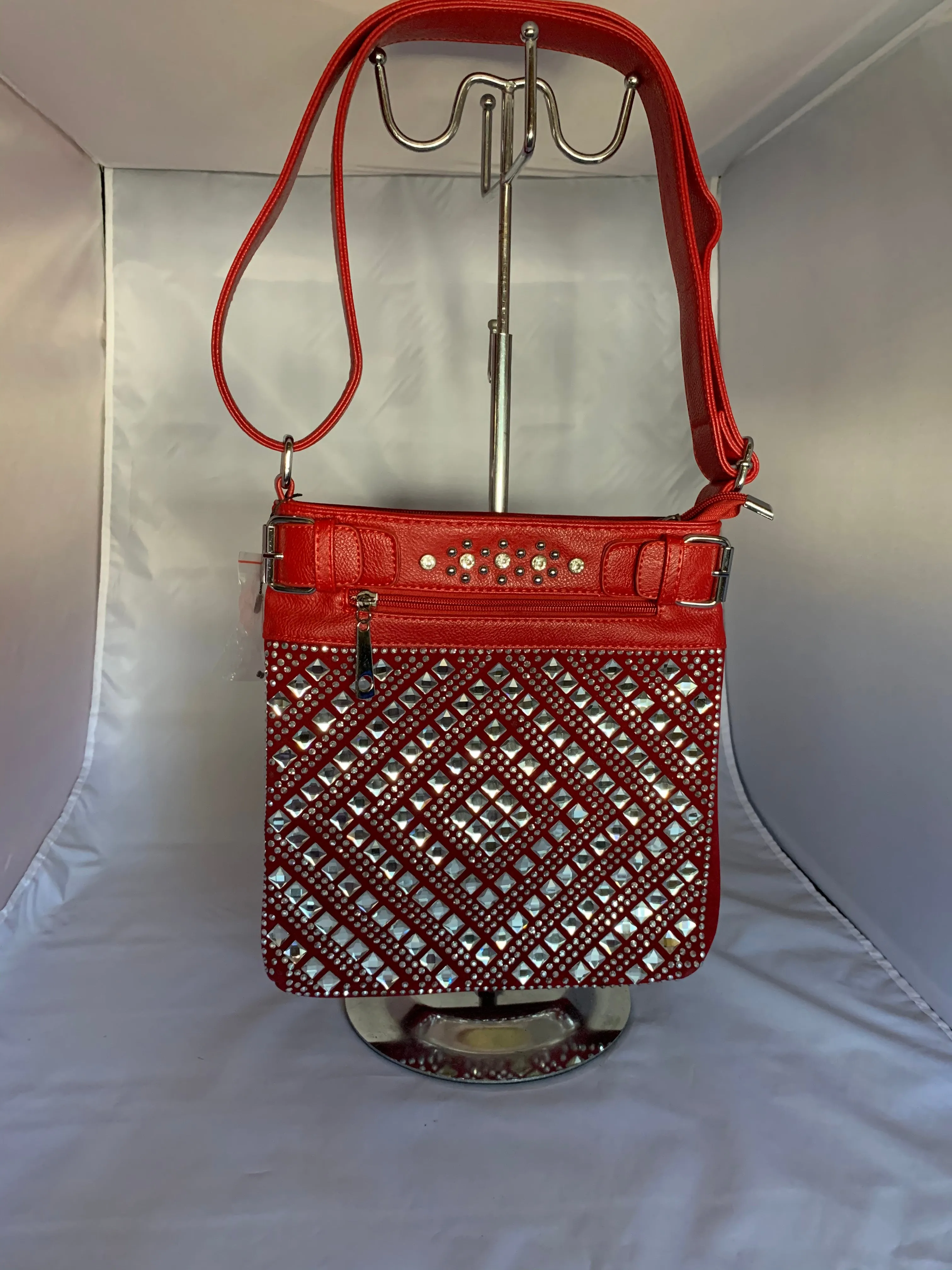 Red Crossbody Handbag with Rhinestones