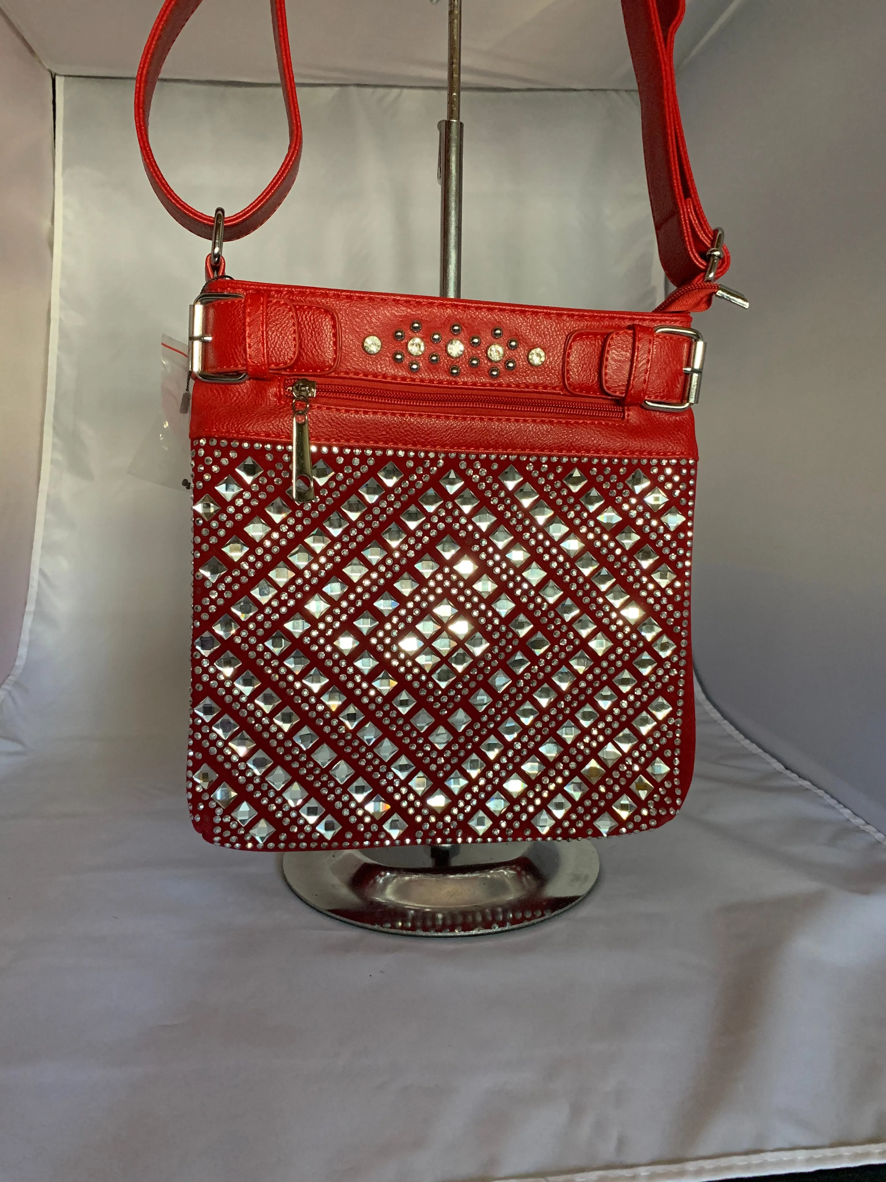 Red Crossbody Handbag with Rhinestones