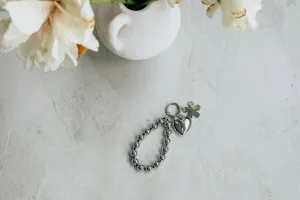 SILVER FLOWER HEART BALL CHAIN BAG CHARM ( PRE ORDER )