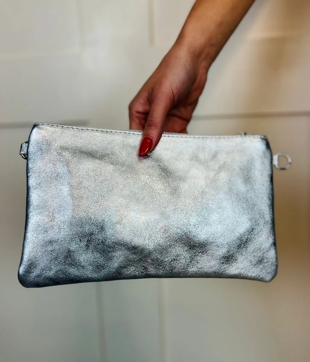 Silver Metallic Leather Clutch Bag