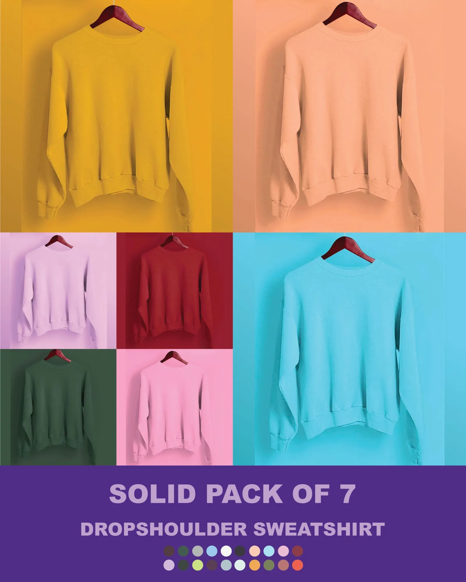 Solid Pack of 7: Drop Shoulder Sweatshirt