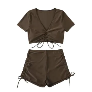 Solid short sleeve drawstring self tie crop top bikini swimwear