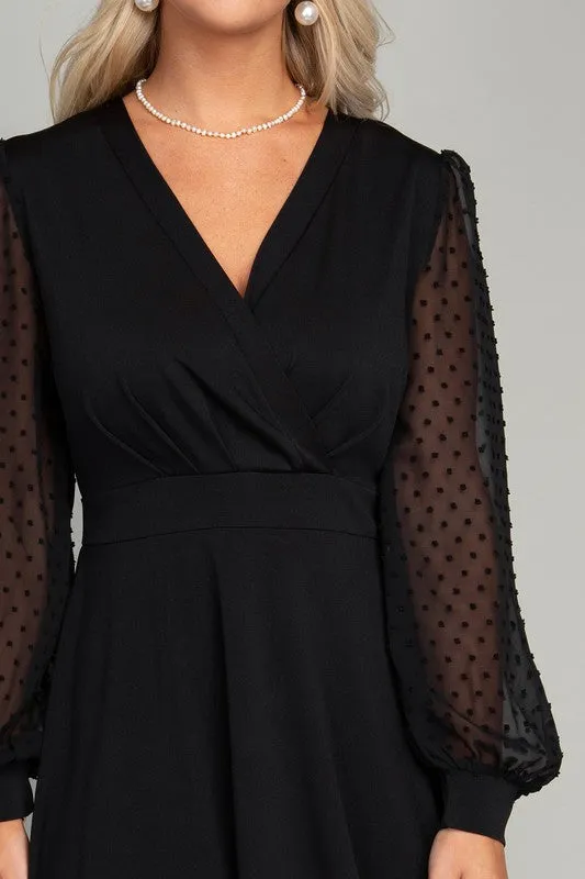 Swiss Dot puff Sleeve V neck Dress