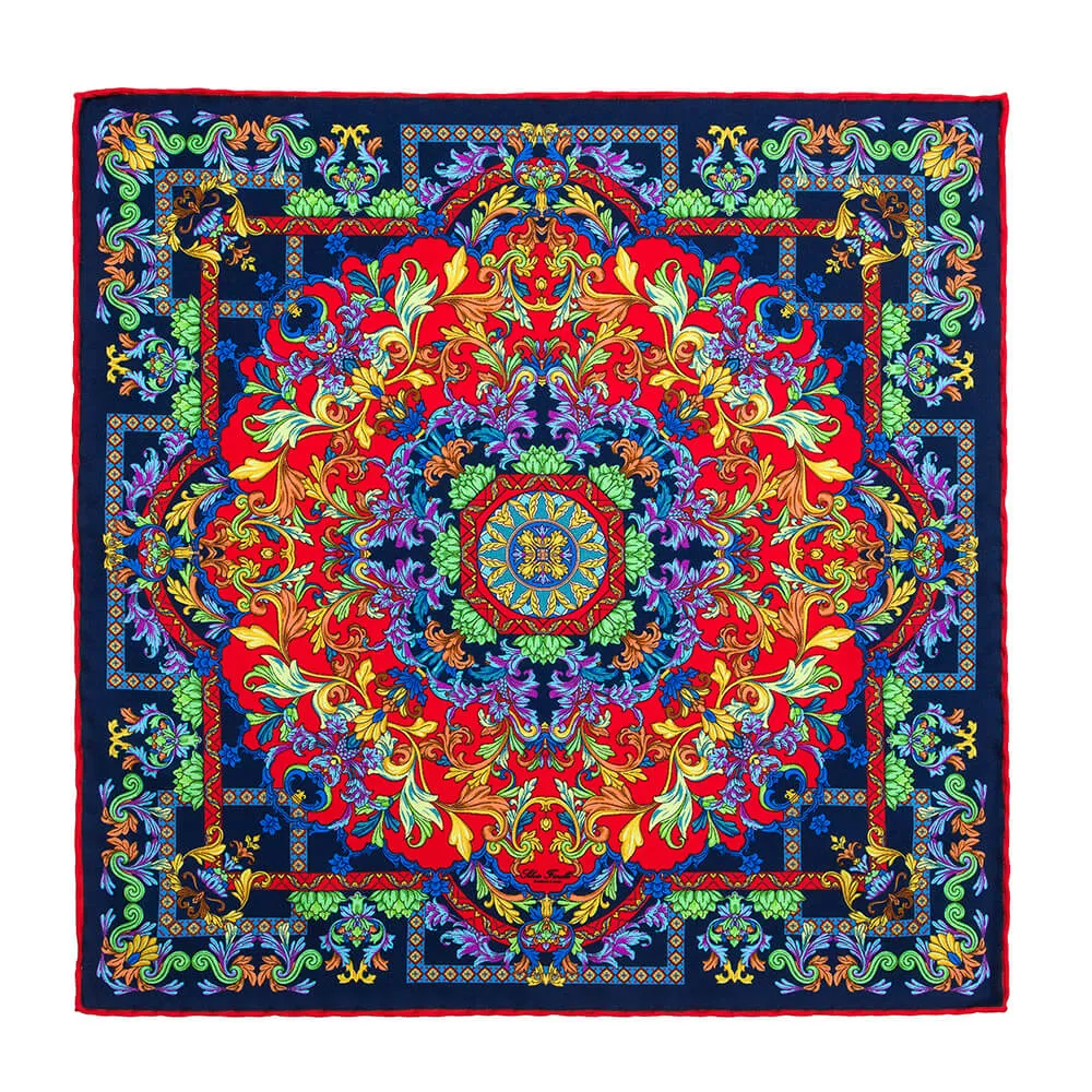 Taormina Art Blue and Red Silk Twill Pocket Square