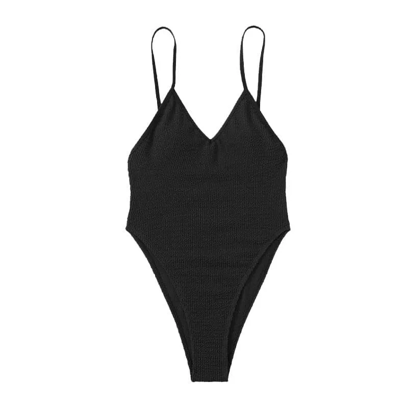 Textured v neck solid padded backless one piece swimwear