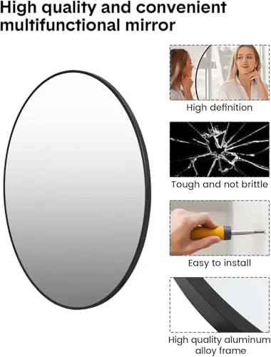 The Artment Your Artistic Apartment Orbit High Definition Round Shape Wall Mirror With Black Metal Frame For Living Room || Bedroom || Bathroom, Home & Decor with Hanging Stripes (Black Frame,24 Inch)