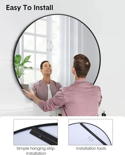 The Artment Your Artistic Apartment Orbit High Definition Round Shape Wall Mirror With Black Metal Frame For Living Room || Bedroom || Bathroom, Home & Decor with Hanging Stripes (Black Frame,24 Inch)