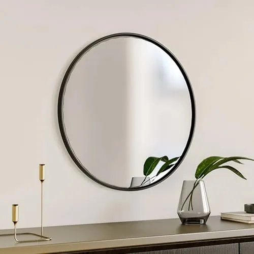 The Artment Your Artistic Apartment Orbit High Definition Round Shape Wall Mirror With Black Metal Frame For Living Room || Bedroom || Bathroom, Home & Decor with Hanging Stripes (Black Frame,24 Inch)