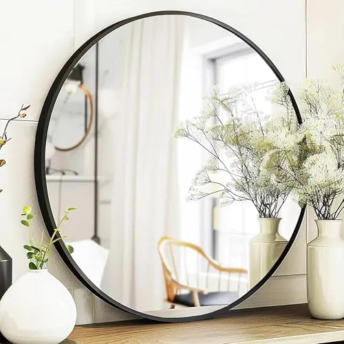 The Artment Your Artistic Apartment Orbit High Definition Round Shape Wall Mirror With Black Metal Frame For Living Room || Bedroom || Bathroom, Home & Decor with Hanging Stripes (Black Frame,24 Inch)