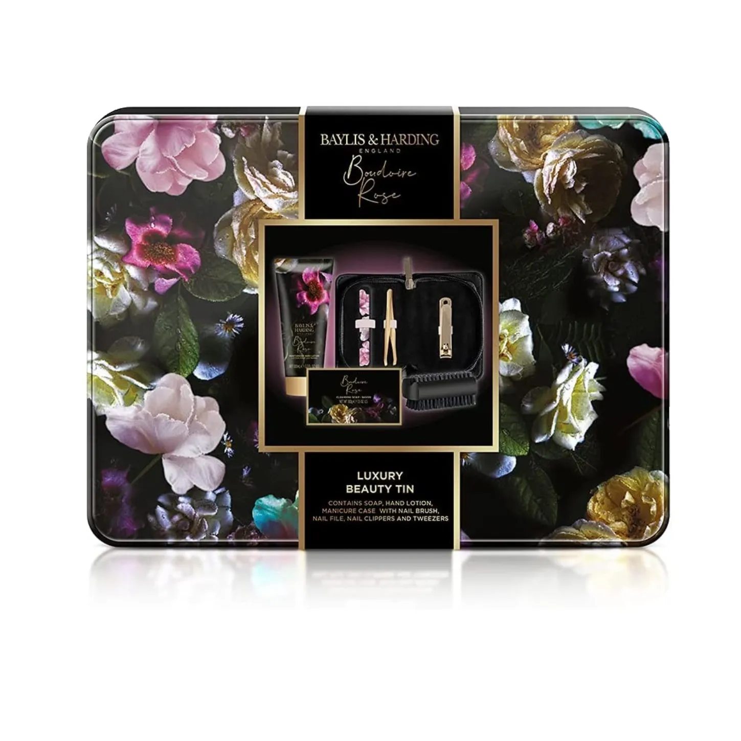 Tin Gift Set Baylis & Harding Boudoire Rose 100ml Hand Lotion 100g Soap Nail Kit