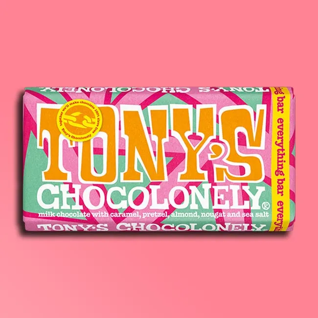 Tony's Chocolonely - Everything Bar - Milk Chocolate, Caramel, Almond, 
Pretzel & Sea Salt