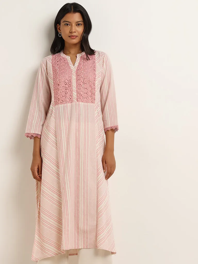 Utsa Pink Stripe Printed Cotton Blend A-Line Kurta