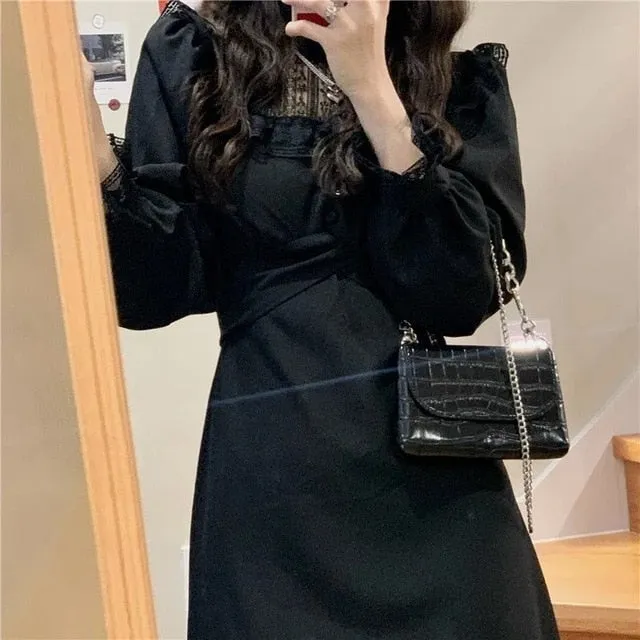 VenusFox French Lace Vintage Dress Women Fashion Puffer Sleeve Elegant One Piece Dress Korean 2021 Spring High Street Slim Midi Dress Y2k