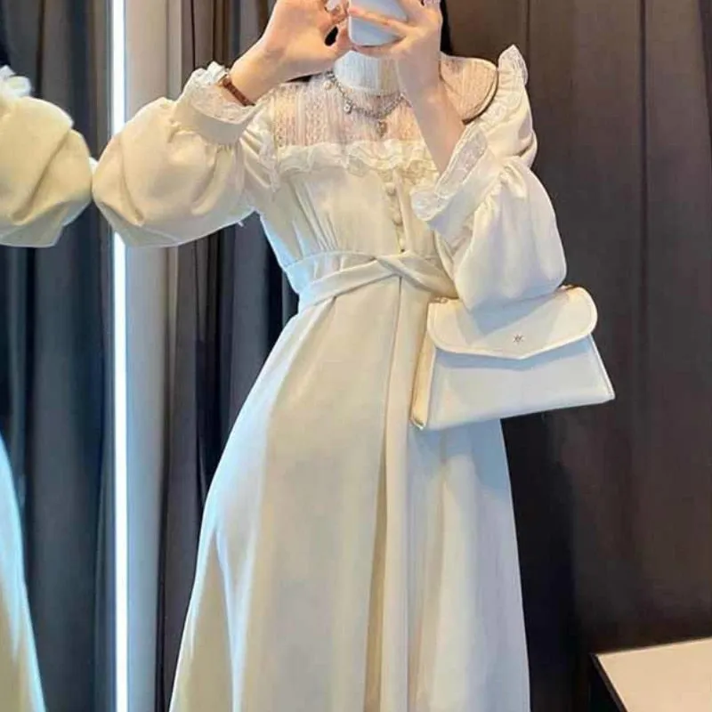 VenusFox French Lace Vintage Dress Women Fashion Puffer Sleeve Elegant One Piece Dress Korean 2021 Spring High Street Slim Midi Dress Y2k