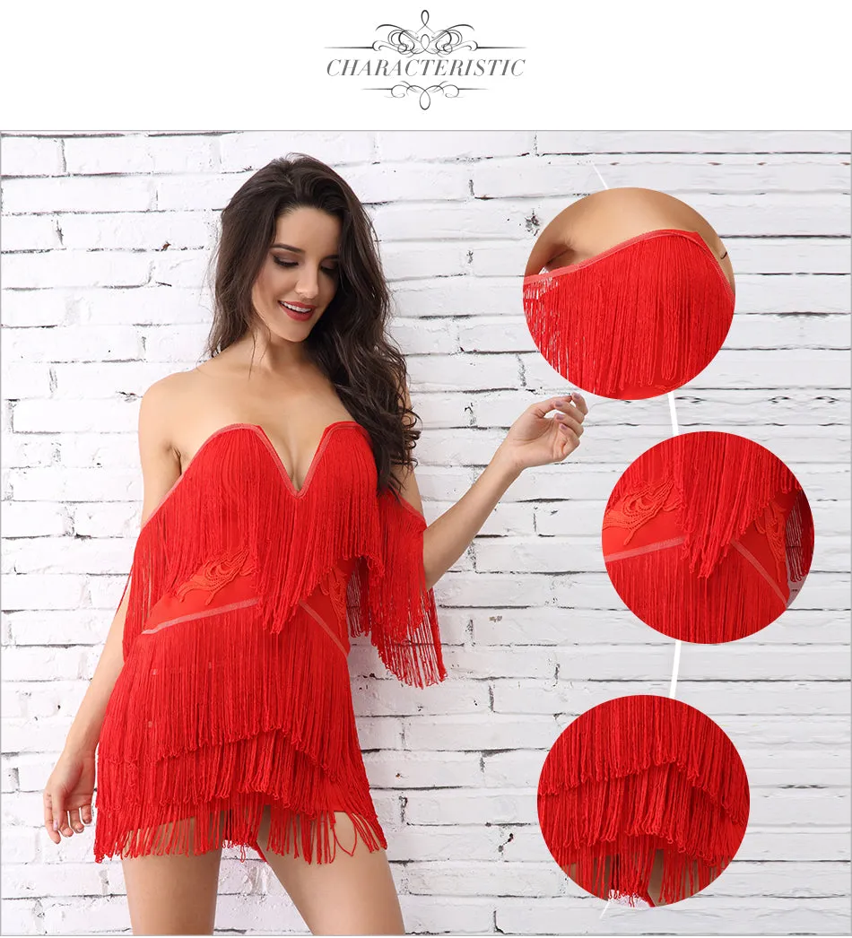 VenusFox Fringe Elegant Off Shoulder Tassel Mini Club Dresses