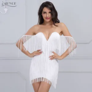 VenusFox Fringe Elegant Off Shoulder Tassel Mini Club Dresses