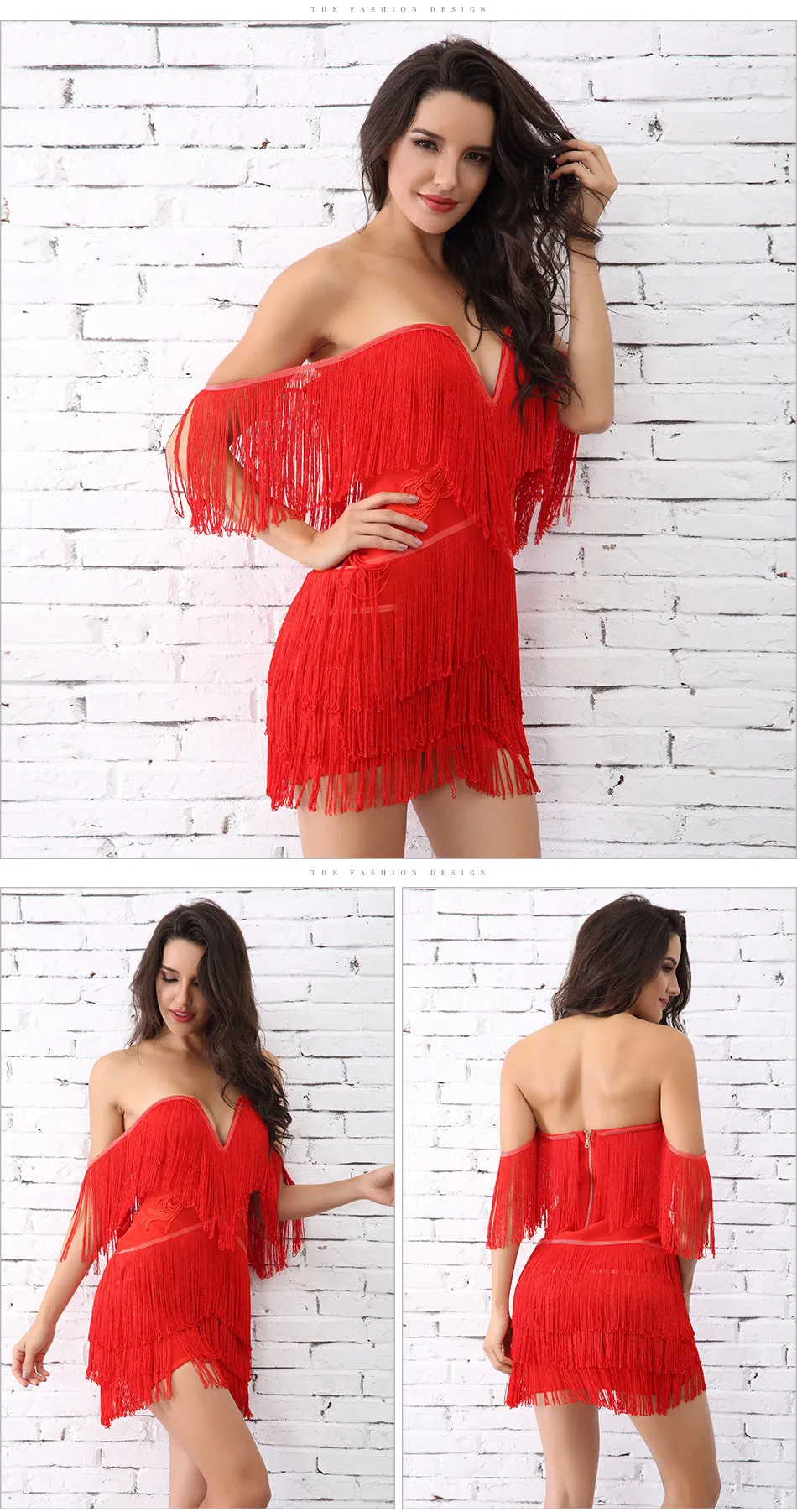 VenusFox Fringe Elegant Off Shoulder Tassel Mini Club Dresses