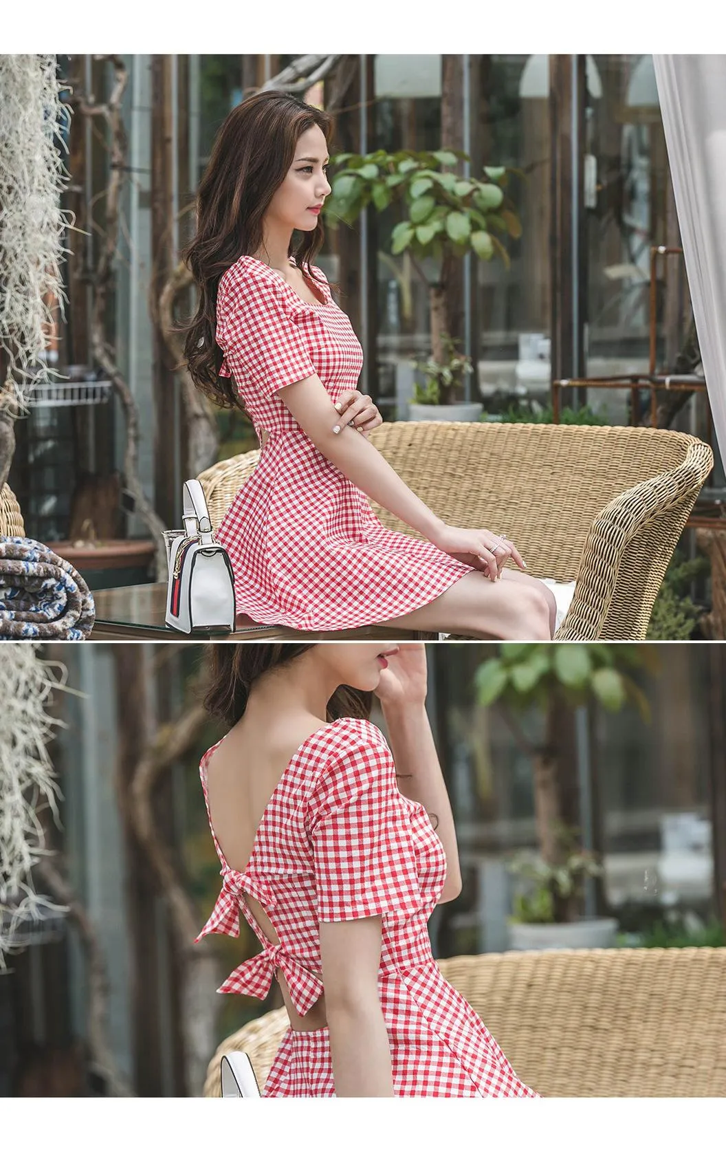 VenusFox Summer Plaid Short Sleeve Square Collar Bodycon Mini Sundress